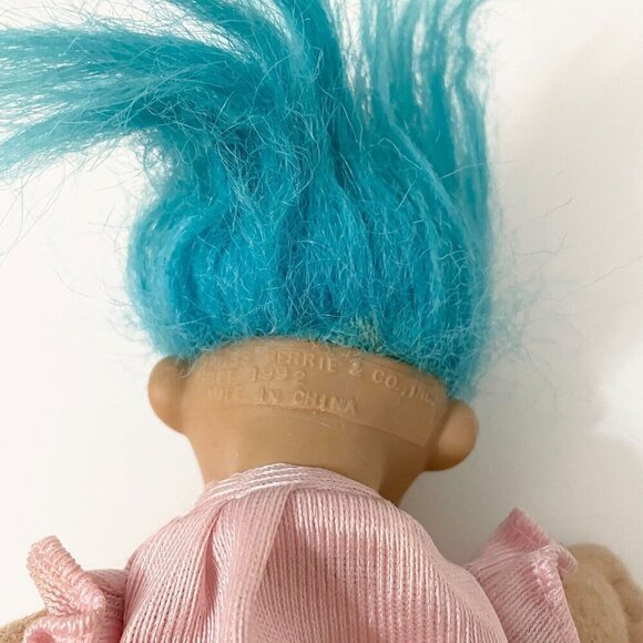 Vtg 1992 Russ Troll Doll Blue Hair Open Bag Stomach Fillable Gift Toy Set 6 Inch - Picture 5 of 16